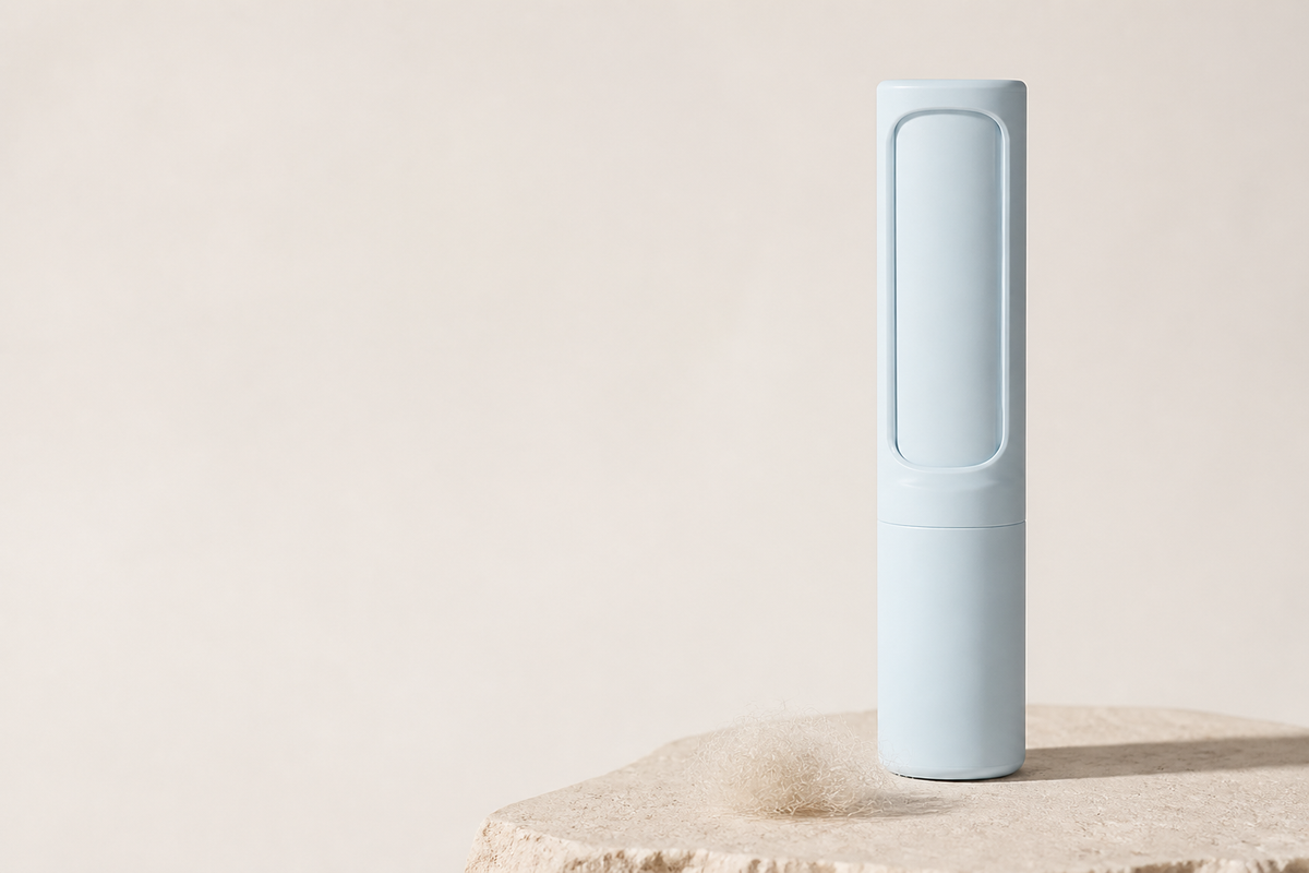 Furlo pet hair remover in blue on a minimal stone pedestal
