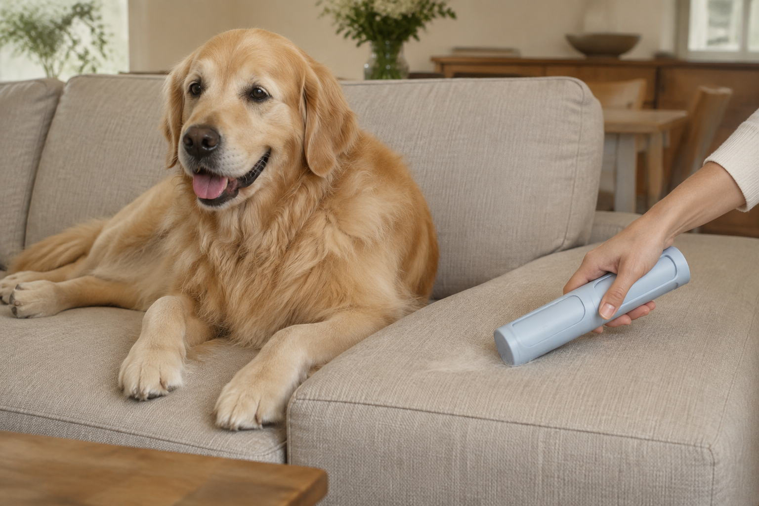 Furlo on a sofa beside a dog